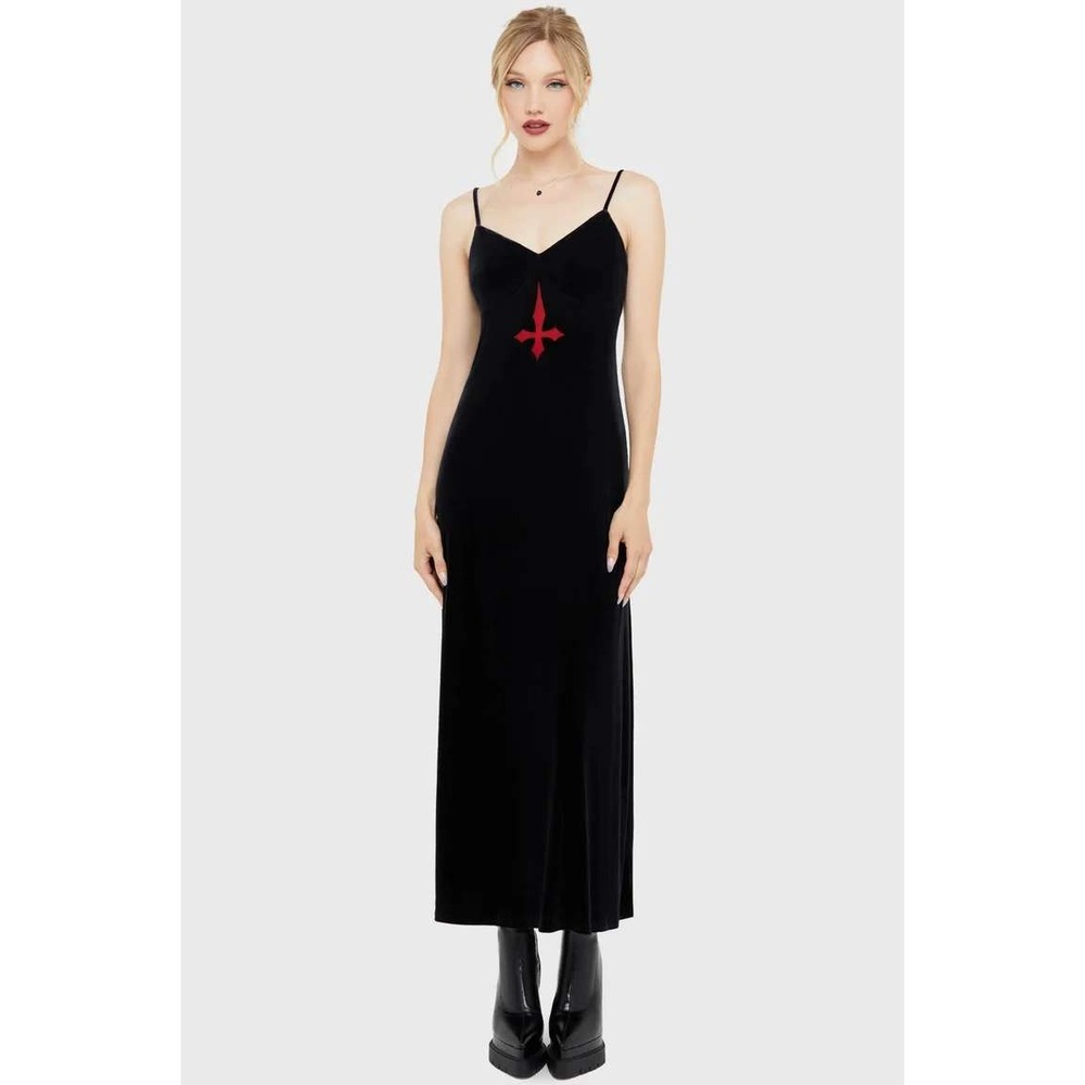Killstar Beneath The Sky Black Velvet Maxi Dress Red Gothic Cross Sleeveless